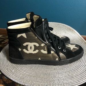 CHANEL Black Suede Sneakers High Top shoes 8.5